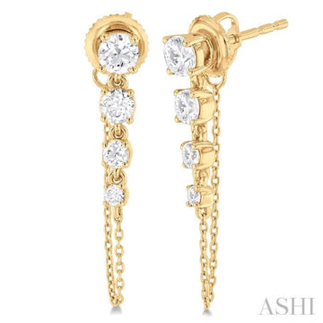 1 Ctw Journey Round Cut Diamond Fashion Long Chain Earring in 14K Yellow Gold